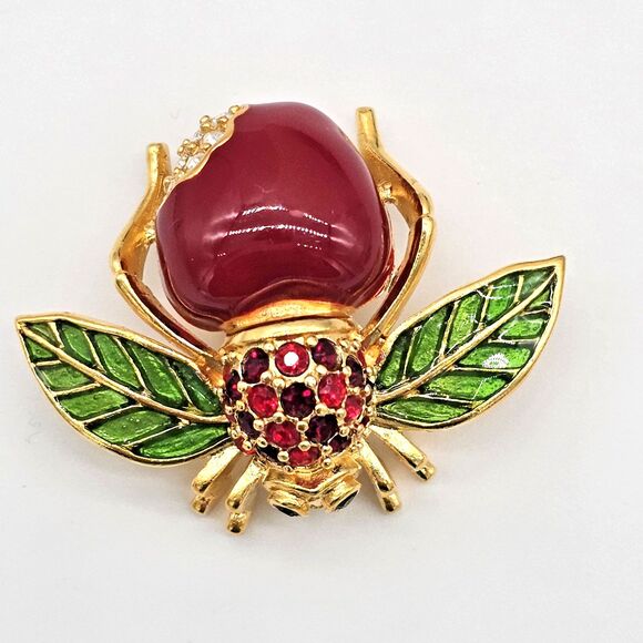 Joan Rivers Apple Bee Brooch Vtg Classics Collection Rhinestone Enamel Pin - Picture 3 of 10